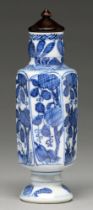 A Chinese blue and white six-sided vase, 18th c, painted with cross hatched trees and leaves, 12.5cm