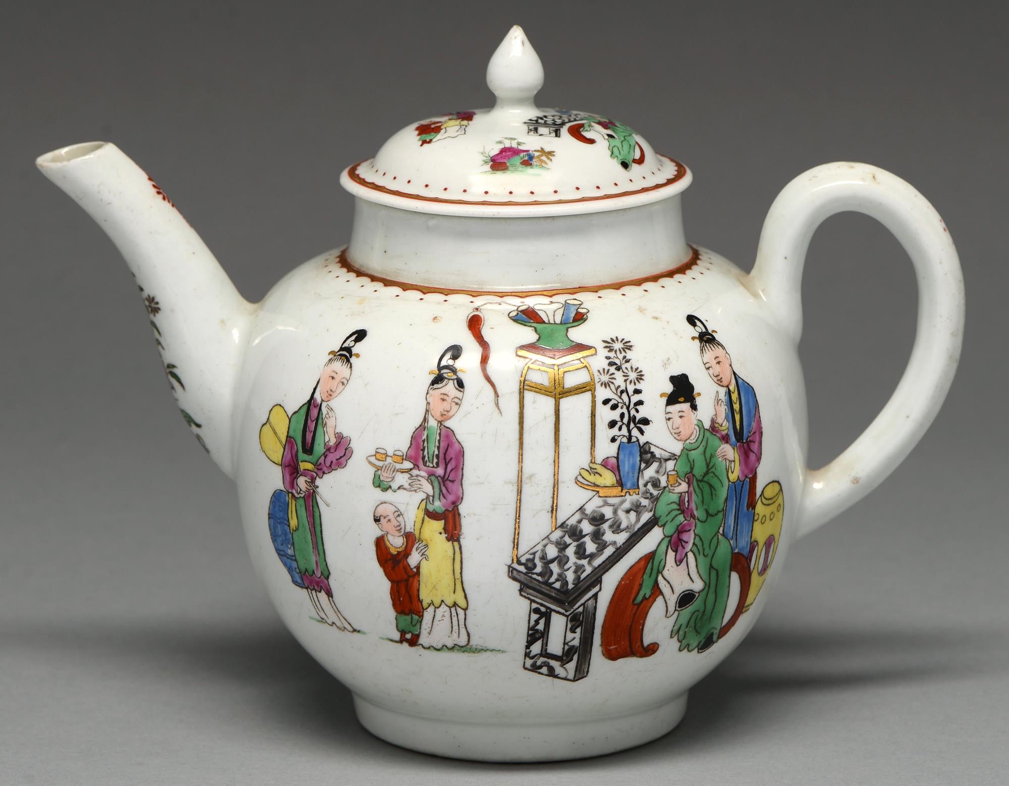 A Worcester teapot and cover, c1770, transfer printed and painted in overglaze enamels with