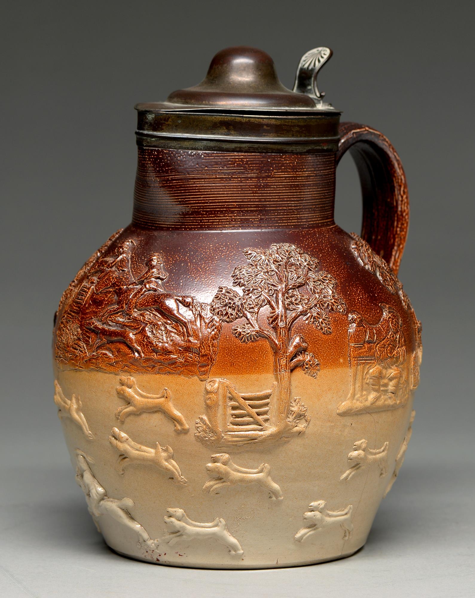 A Sheffield plate mounted saltglazed brown stoneware hunting jug, probably London, early 19th c, the