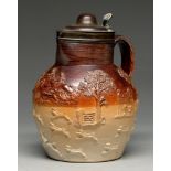 A Sheffield plate mounted saltglazed brown stoneware hunting jug, probably London, early 19th c, the