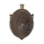 A coconut flask,  probably French, 18th c, crisply carved with three hunting scenes in circular