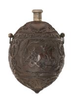 A coconut flask,  probably French, 18th c, crisply carved with three hunting scenes in circular