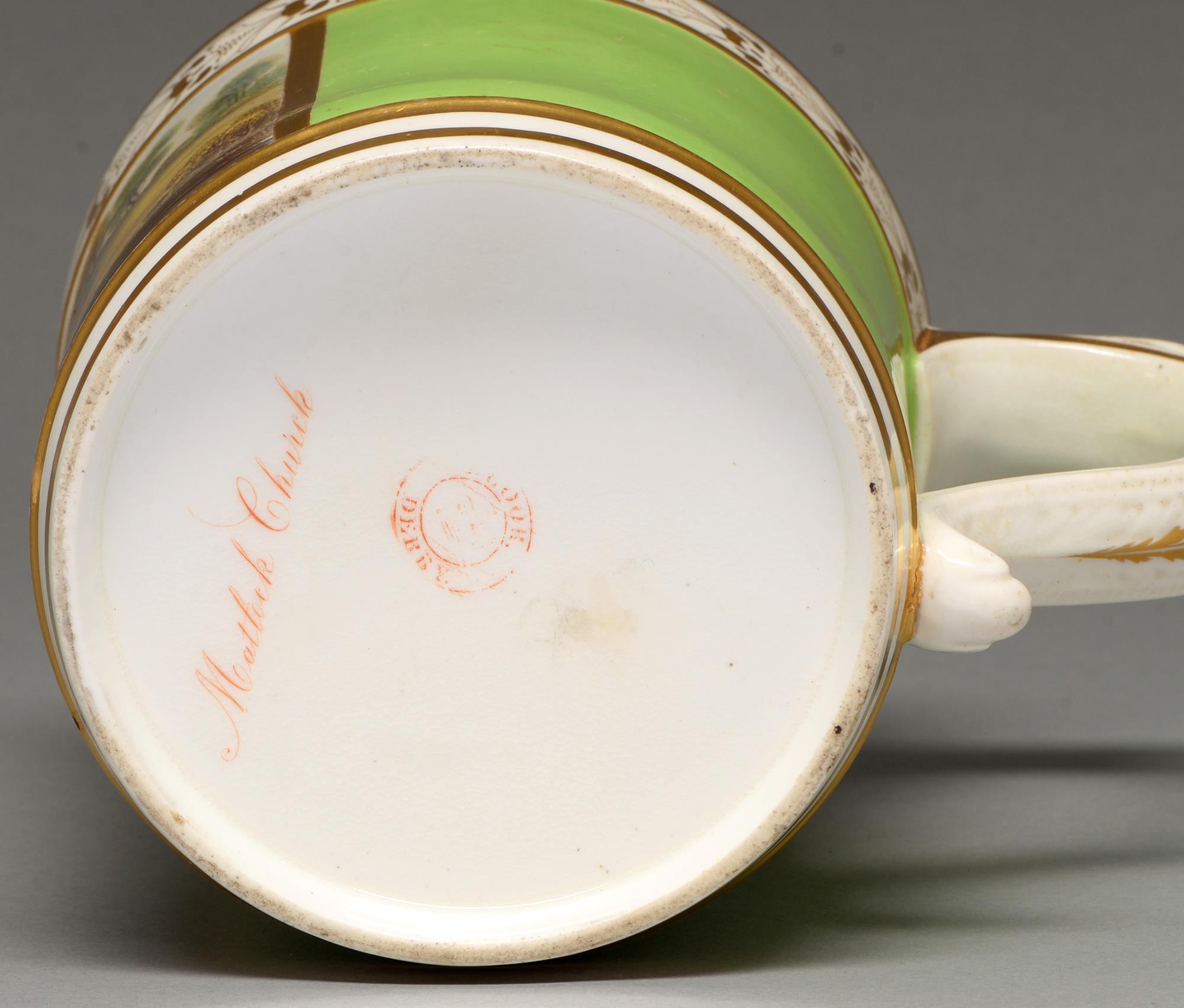 A Derby porter mug, c1820, painted, possibly by Daniel Lucas, with a rectangular landscape panel - Image 3 of 3