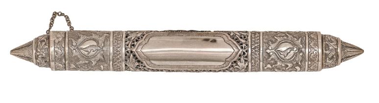 An Indian silver pierced repousse scroll case, late 19th / early 20th c, crisply chased with borders