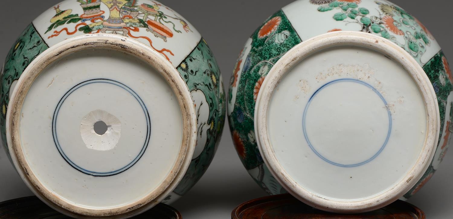 Two Samson famille verte jars, enamelled in Kangxi style with birds or flower filled objects on a - Image 3 of 3