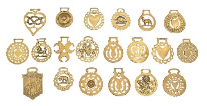 Twenty horse brasses,  mainly Victorian and early 20th c,  including Peace 1919 Victory and Alice