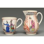 A Worcester sparrow beak jug and coffee cup, c1770, the jug enamelled with two Chinese figures and a