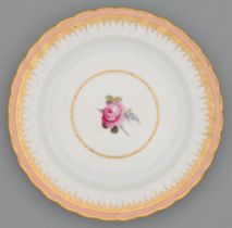 A Derby plate, c1790, painted by William Billingsley with a central rose in fluted salmon pink and