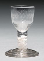 A firing glass, c1770, the fluted ogee bowl engraved in diamond point Ann Scarber May 4th 1834, on