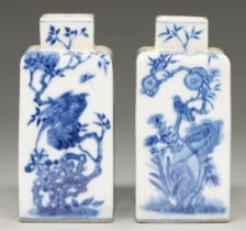 A pair of Chinese blue and white tea caddies, 19th / 20th c, of square section, painted to all