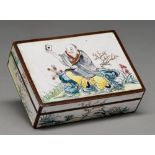 A Chinese Canton painted enamel box and cover, 20th c, the cover decorated with a man seated on a