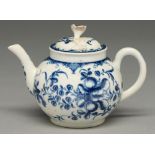 A Worcester blue and white teapot and a cover, c1760, painted with the Mansfield pattern, 10cm h,