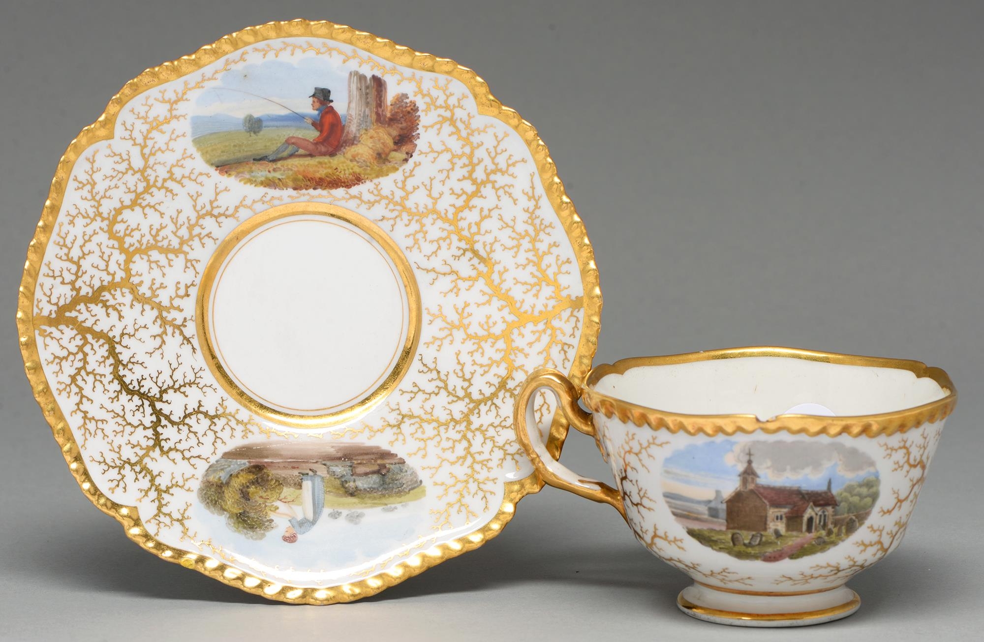 A Flight, Barr & Barr teacup and saucer, c1825, painted with vignettes, including an angler, on a