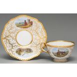 A Flight, Barr & Barr teacup and saucer, c1825, painted with vignettes, including an angler, on a