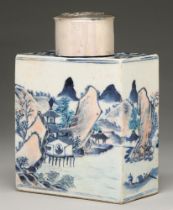 A Chinese blue and white tea caddy and a cover, 19th c, painted with landscapes, 13cm h and a larger