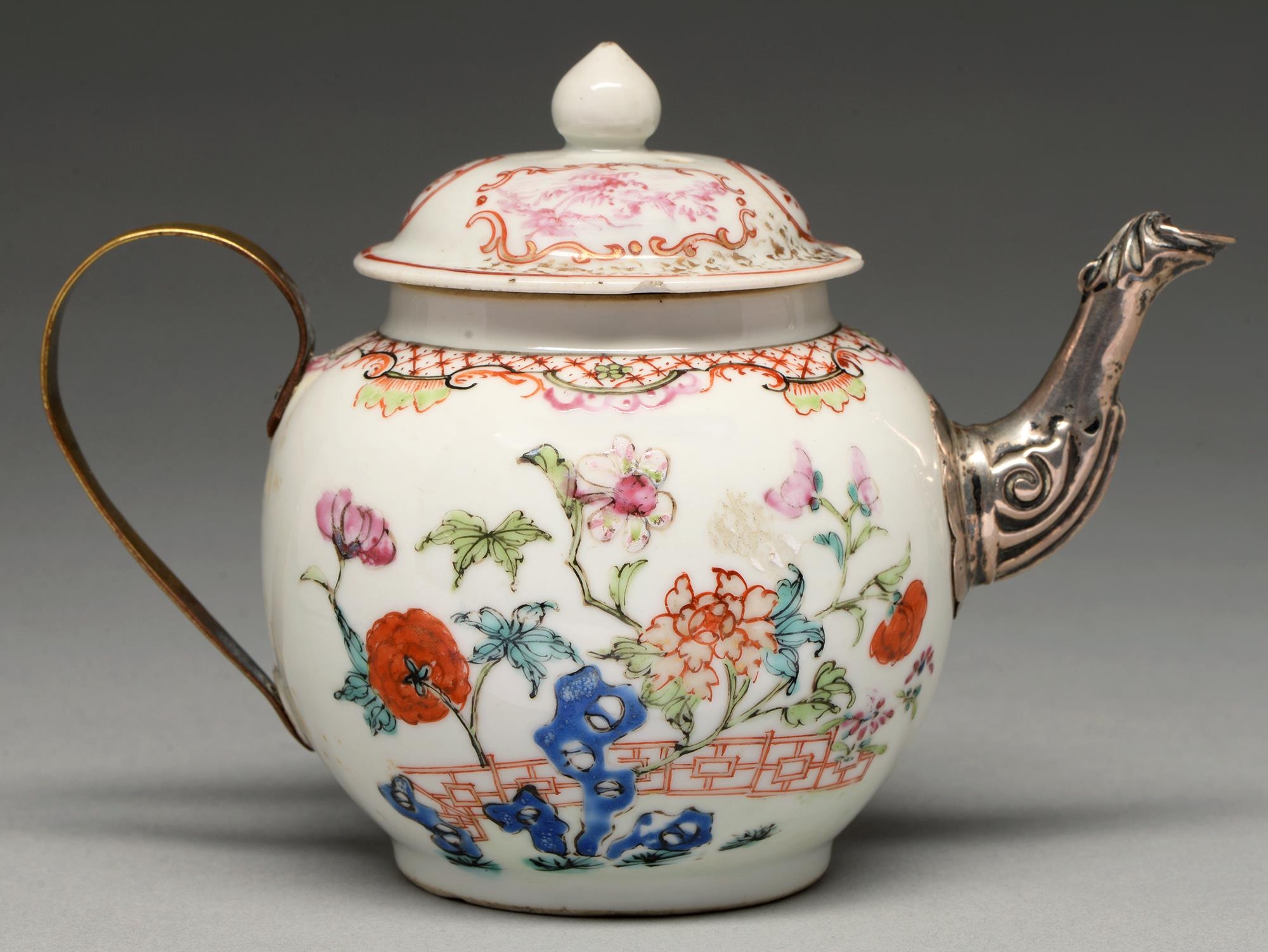 A Chinese famille rose teapot and a cover, c1770, enamelled with peonies and other flowers growing