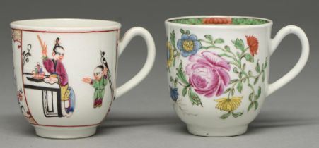 Two Worcester coffee cups, c1770, one enamelled with Chinese figures, the other with a floral