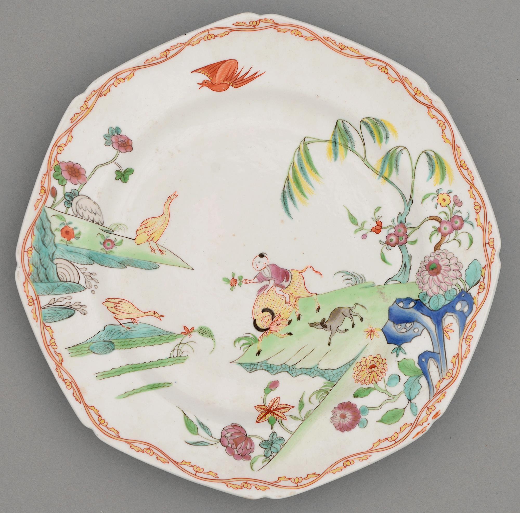 A Derby porcelain plate, c1780, enamelled with a boy on a buffalo, a dog and geese on a precipice or