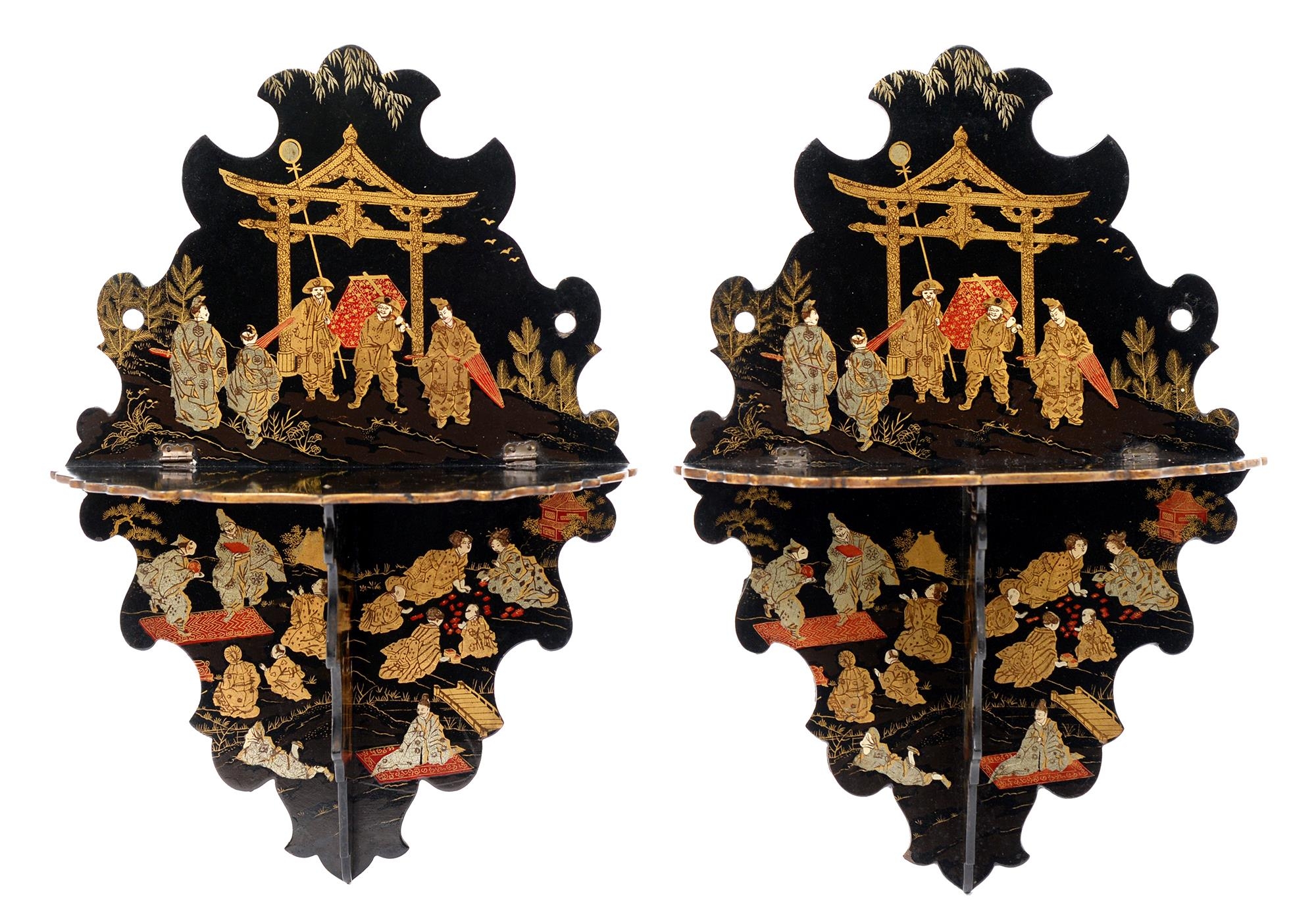 A pair of Victorian chinoiserie papier mache bracket-shelves, 36cm h Well preserved condition for