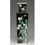 A Chinese famille noire vase, late 19th - early 20th c, of square section, enamelled with lotus,