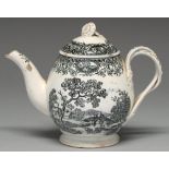A pearlware teapot and cover, probably Yorkshire, c1800, ovoid with entwined handle and two black