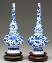 Two Chinese blue and white rosewater sprinklers, 18th / 19th c, on flared foot, painted in three