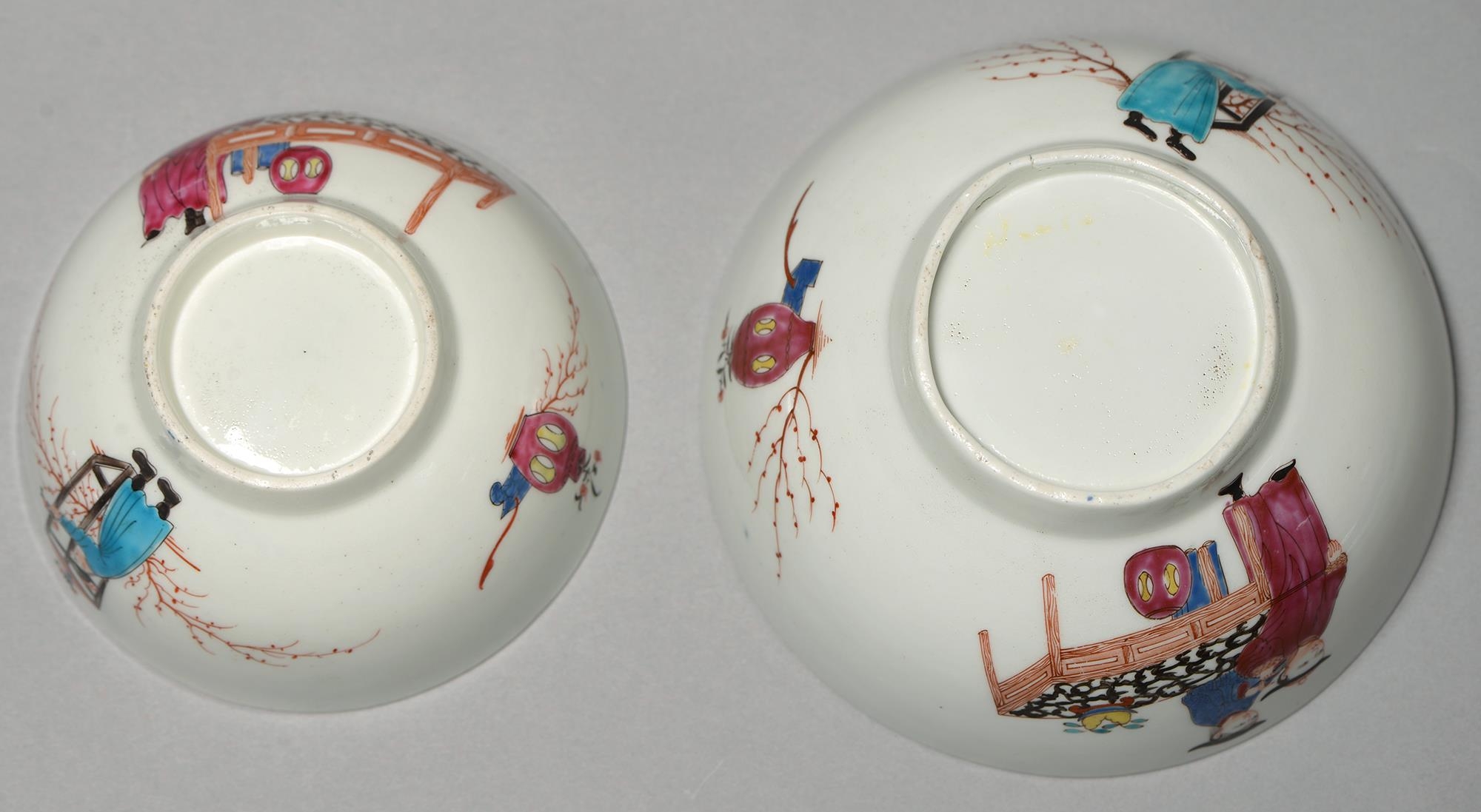 A Worcester sugar bowl and slop basin, c1765, with underglaze blue border and painted with three - Image 2 of 2