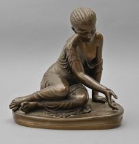 A French bronze sculpture of a girl playing knuckle bones, after the antique, 19th c, golden brown