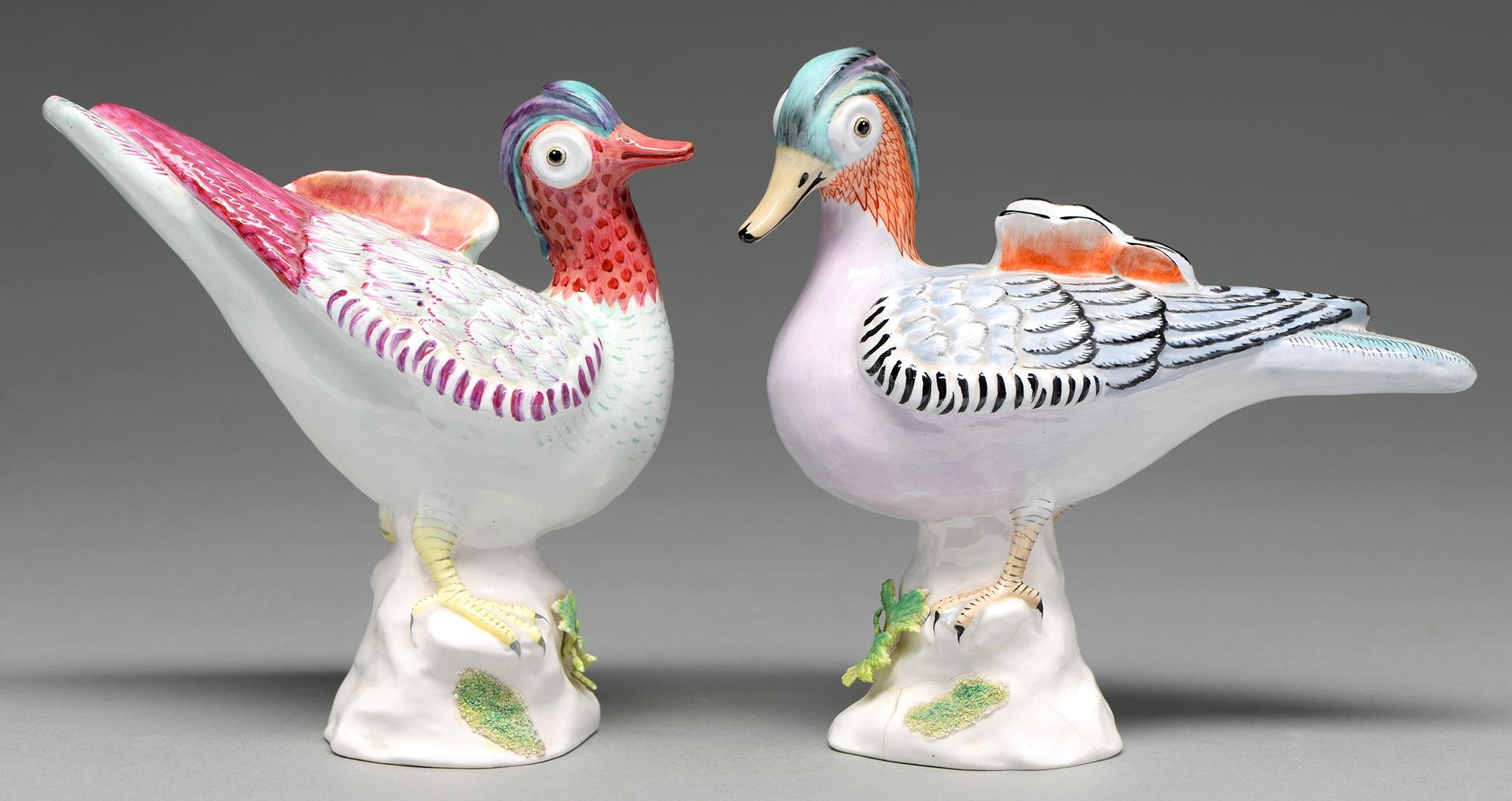 A pair of Crown Staffordshire bone china models of Chinese teal after the Chelsea originals, 20th c,