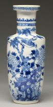 A Chinese blue and white rouleau vase, late 19th c, painted with birds in the branches of a tree