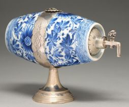 A pair of Chinese blue and white beakers later adapted as a brandy barrel, 19th c, with silver