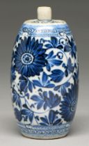 A Chinese blue and white barrel shaped flask, 19th c, painted with continuous flowers, 14cm h The