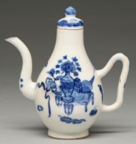 A Chinese blue and white condiment jug and a cover, 18th c, painted to either side with auspicious