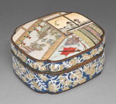 A Japanese cloisonne enamel box and cover, Meiji / Taisho, the cover enamelled with an interior, the
