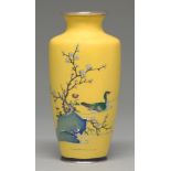 A Japanese cloisonne enamel vase, Taisho period, enamelled with a duck near prunus growing from a