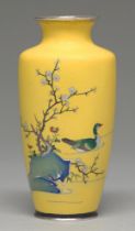 A Japanese cloisonne enamel vase, Taisho period, enamelled with a duck near prunus growing from a