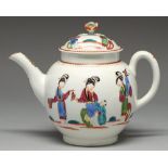 A Worcester teapot and cover, c1770, painted to each side in overglaze enamels with Chinese ladies