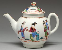 A Worcester teapot and cover, c1770, painted to each side in overglaze enamels with Chinese ladies