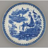 A Worcester blue and white saucer dish, c1790, transfer printed with the Fisherman pattern, 20.5cm