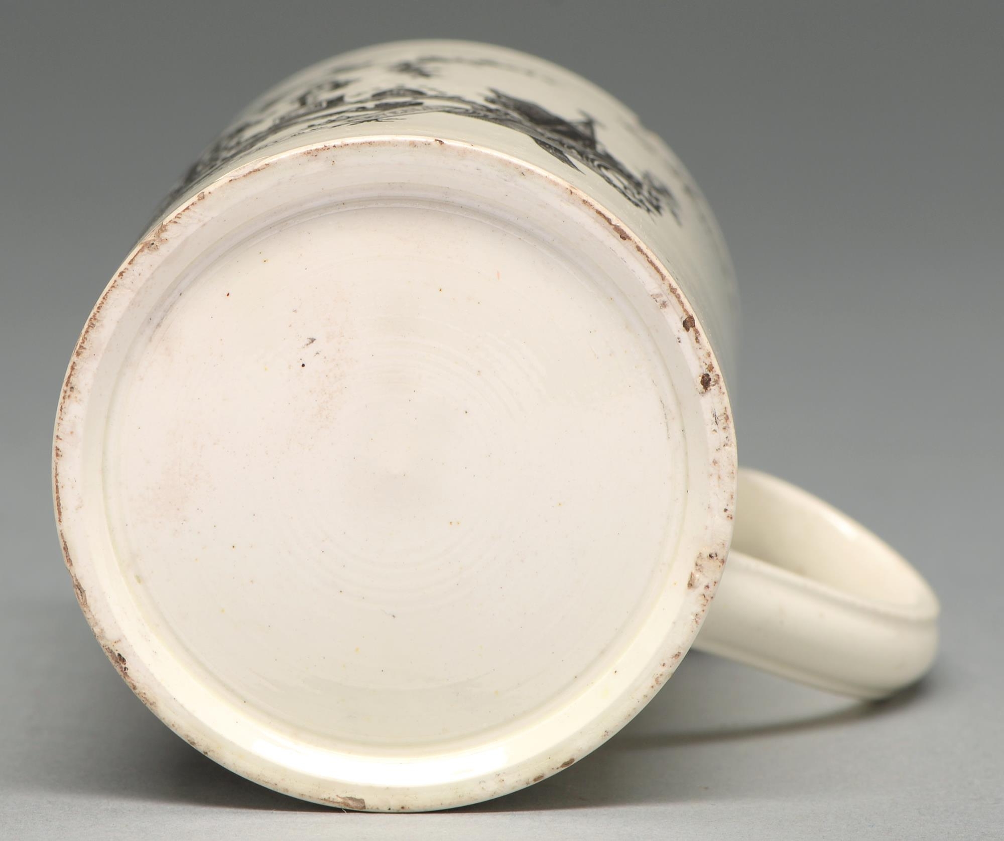 A creamware mug, c1780, transfer printed with masonic emblems and inscribed in black enamel with the - Image 2 of 2