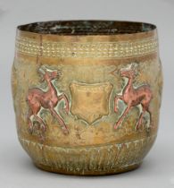 An Indian engraved brass cache pot, 19th / 20th c, applied with applied and stamped decoration of