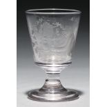 A glass goblet, 1844, the bucket bowl wheel engraved with a man seated at a table holding a glass