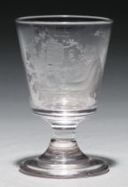 A glass goblet, 1844, the bucket bowl wheel engraved with a man seated at a table holding a glass