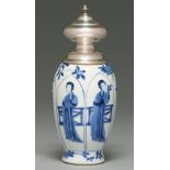 A Chinese blue and white vase, 18th c, ovoid, painted with young women and a flower filled vessel,