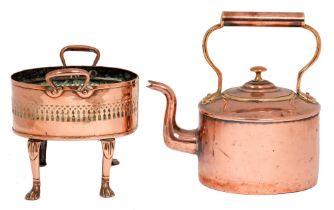 An early Victorian two-handled, pierced oval copper kettle stand, on four paw feet, 20cm h and a