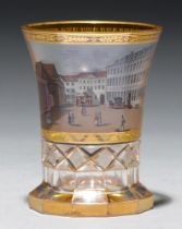 A Viennese transparent enamelled glass beaker, ranftbecher, early 19th c, the flared and cut bowl