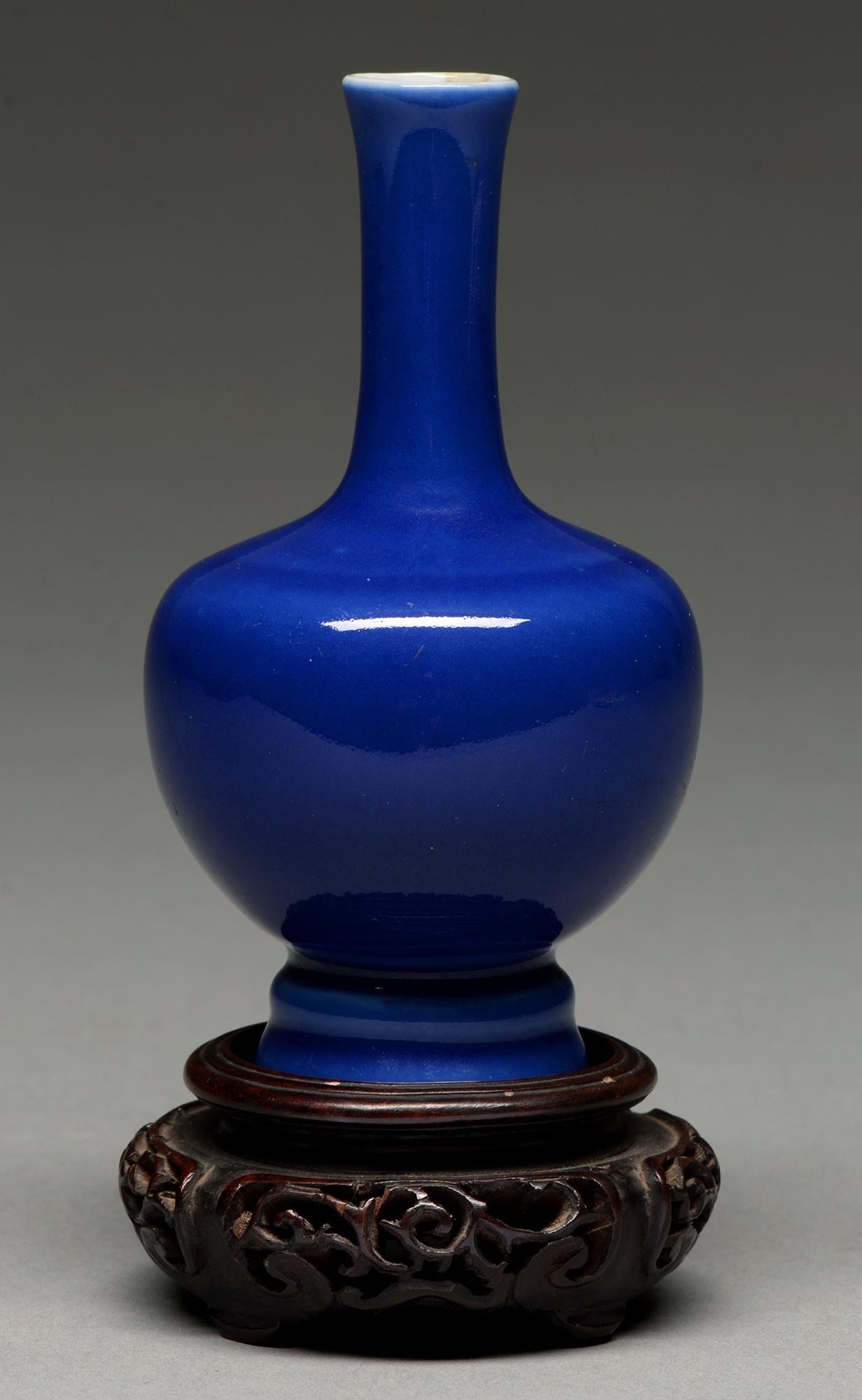 A Chinese blue monochrome glazed vase, possibly 19th c, with bulbous body and slightly waisted