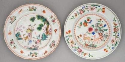 Two Chinese famille rose plates, c1770, one enamelled and gilt with deer beneath tree peony in