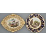 A Derby plate, c1830, painted by Daniel Lucas with a watermill, in blue and gilt border, 22.5cm