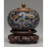 A Japanese cloisonne enamel jar and cover, Meiji period, enamelled with butterflies and a long
